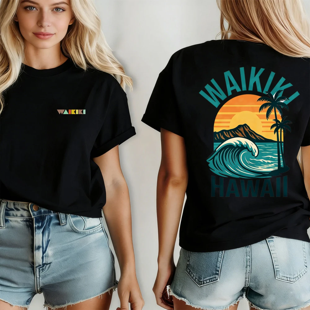 Retro Waikiki Hawaii Sunset Surf Graphic Tee Diamond Ocean Wave Palm Tree Art Short Sleeve Crewneck Casual Coastal Beachwear