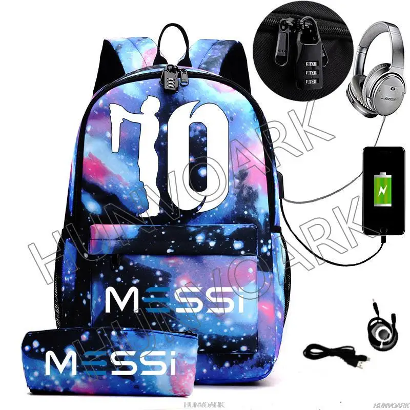 Messi-mochila ligera para ordenador portátil para hombre y mujer, morral escolar informal con USB, mochila de viaje para jóvenes, adolescentes,