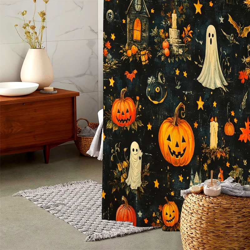 Halloween Themed Water-Resistant Shower Curtain with Ghosts, Pumpkins, and Candles - Polyester Woven Bathroom Curtain with 12 Ho