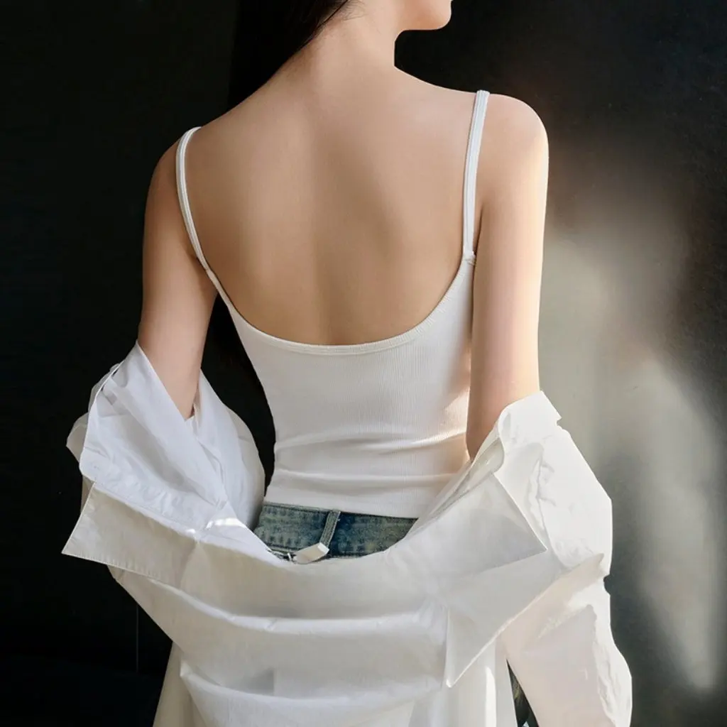 

Women's Striped Camisole Top Slim-fit Base Layer Inner Wear with Chest Pad Backless Design for Spring And Summer