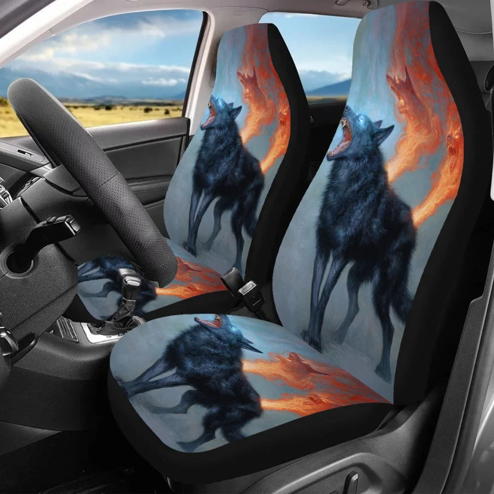 Set Of 2 Icefire Wolves Duel Print Car Seat Covers Suitable For All, Designed To Fit Front Seats Of Cars, Suvs, And Sedans. Impr