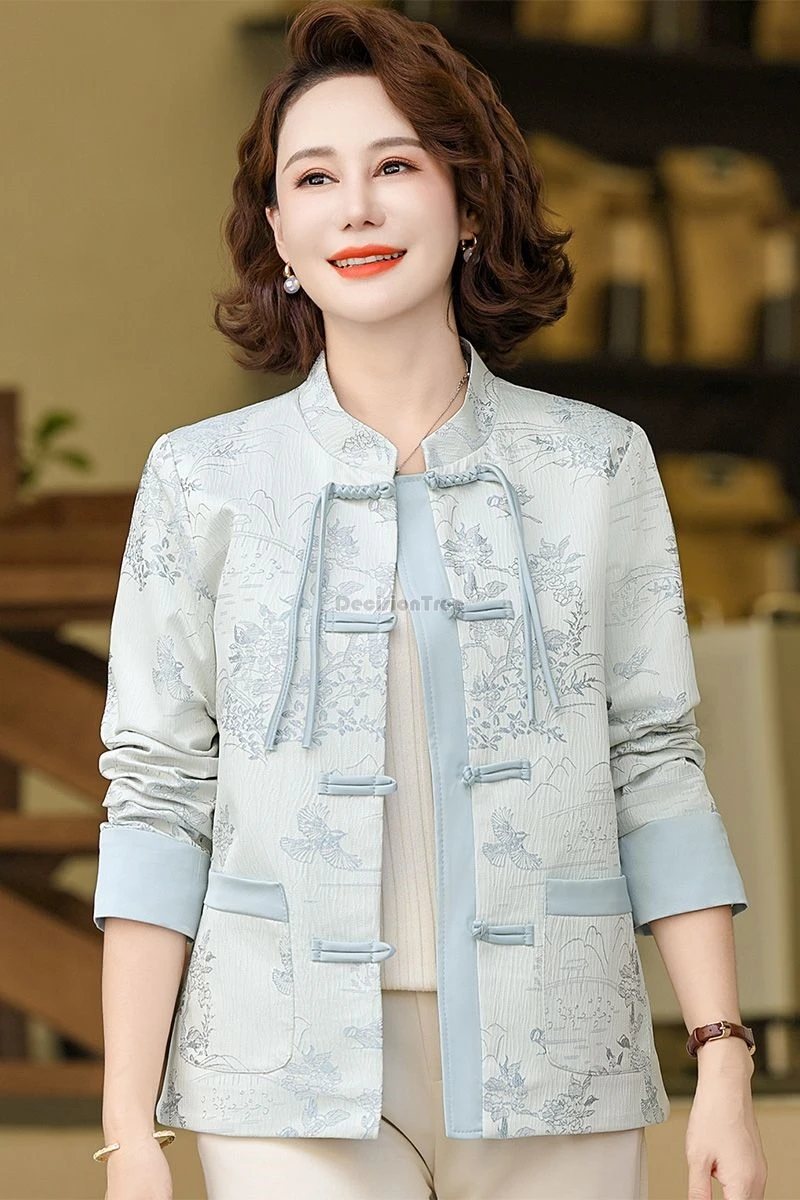 

2025 new chinese style autumn stand collar long sleeve and jacquard tang suit blouse spring women loose casual cheongsam top t01