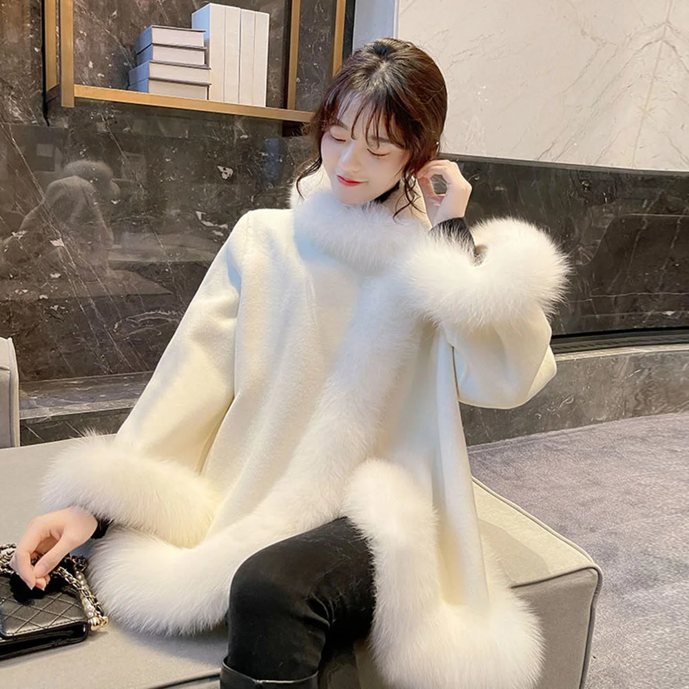 Winter Fashion Fur Jacket For Women\'s Poncho Coat Mid-length 2021 New Loose Shawl Cloak Faux Fox Elegant Ladies Plush Overcoats