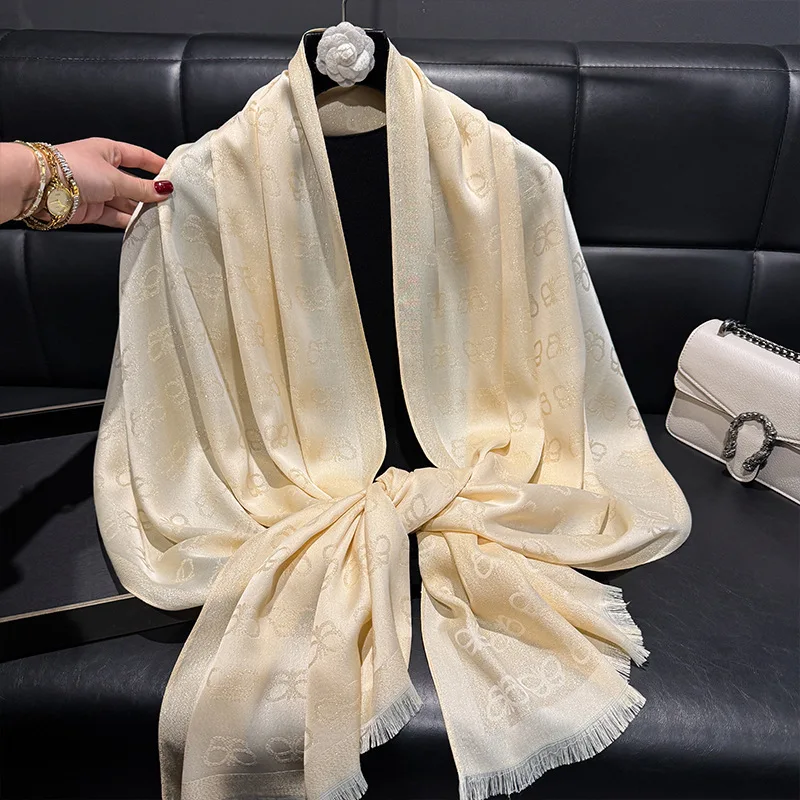 

New Imitation Silk Fashionable and Elegant High-end Long Silk Scarf Short Beard Shawl Long Scarf Tencel Cotton Gold Silk Scarf