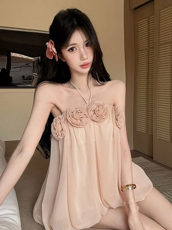 

Elegant Rose Flower Doll Design Neck Hanging Strap Women's Summer Top Unique Vest Design Breathable Knitted Midi Waist Shirt
