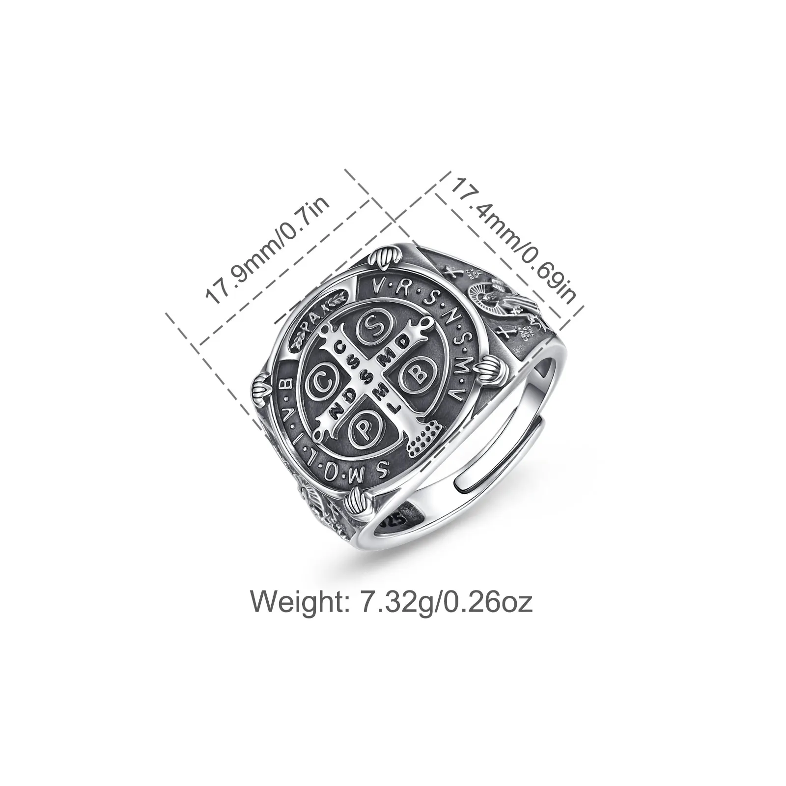 Eudora 925 Sterling Silver Saint Benedict Ring San Benito Adjustable Cross Ring Catholic Jewelry Religious Gift for Men Women