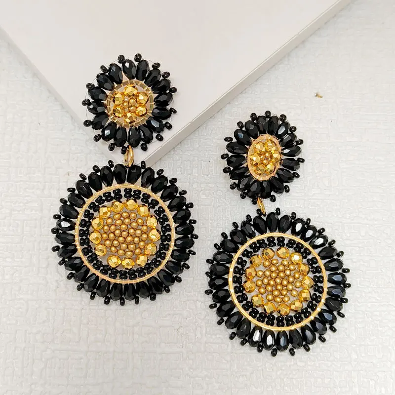 Rice bead earrings Sunflower Creativity Bohemia Pattern Hand textile Alloy Female Crystal Fashion Simple Beaded earrings