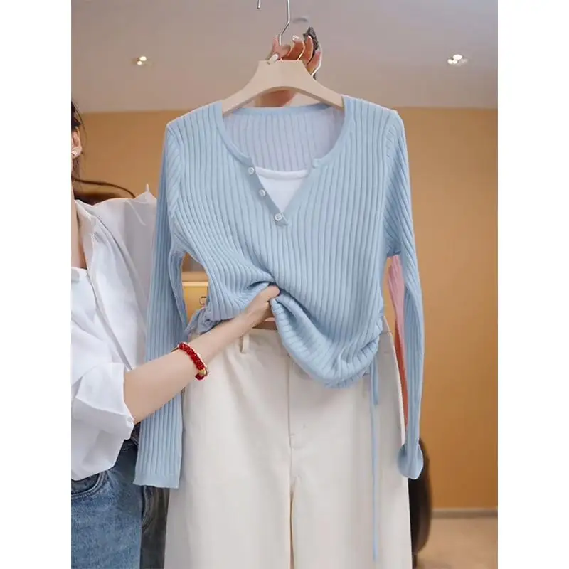 Top slim fit lavorato a maglia rosa da donna all'inizio dell'autunno Nuovo Sle Side Dstring Faionable Beautiful Base irt Maglione V-ne Lungo...