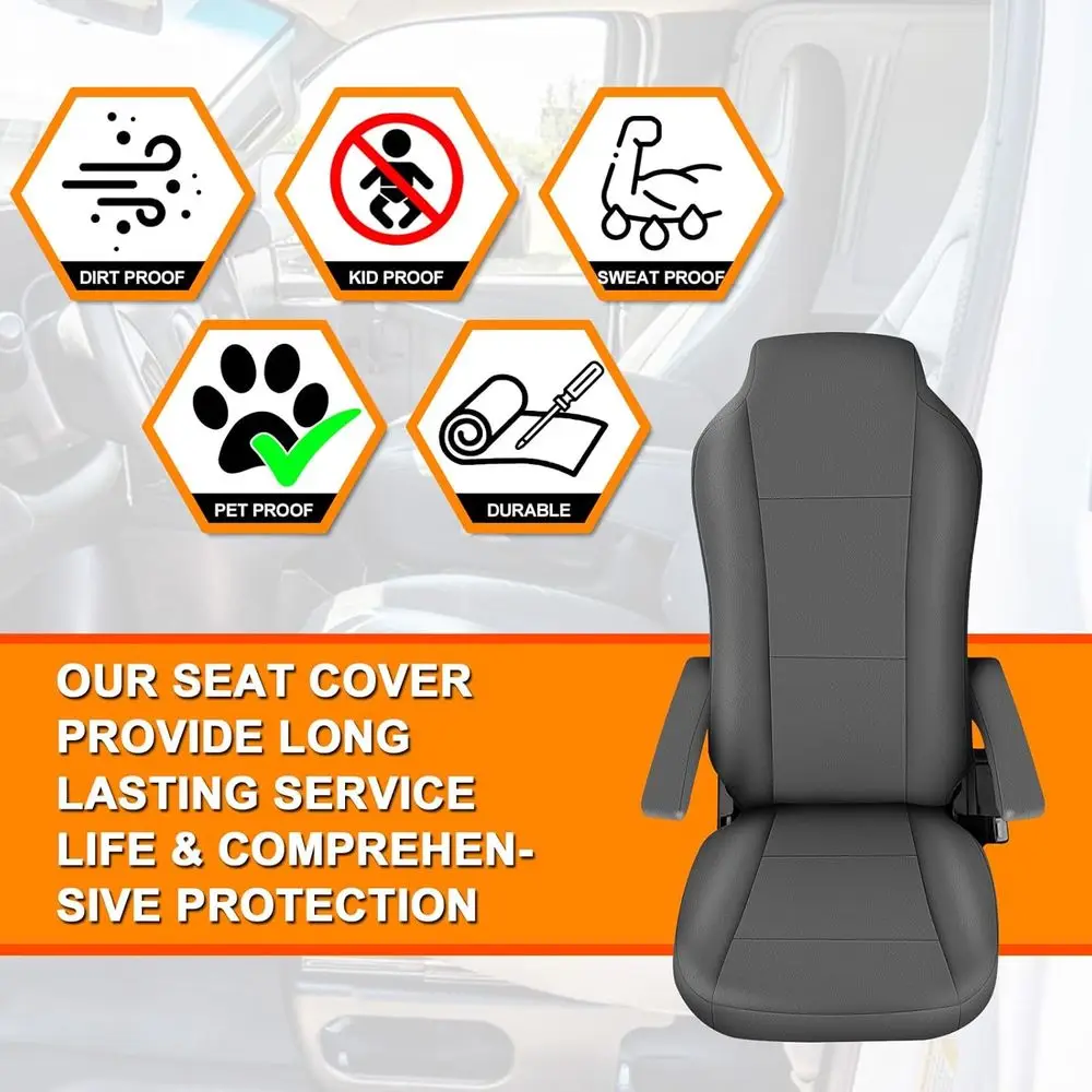 غطاء مقعد جلدي متوافق مع موديل Kenworth T680، T880، W990، مع أغطية مسند الذراع مقاس 17 بوصة، ظهر مرتفع للسائق أو الركاب