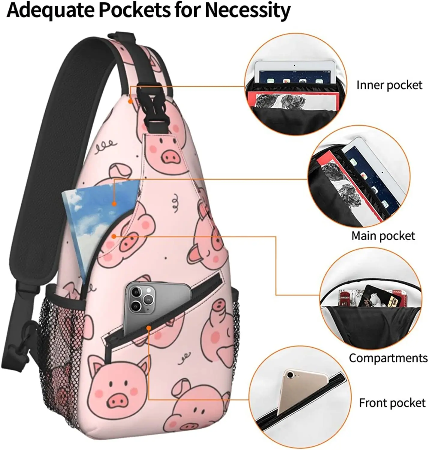 Sling Bag Pink Cute Pig Shoulder Backpack Chest Pack Causal Crossbody Daypack For Women Men, RXZE23