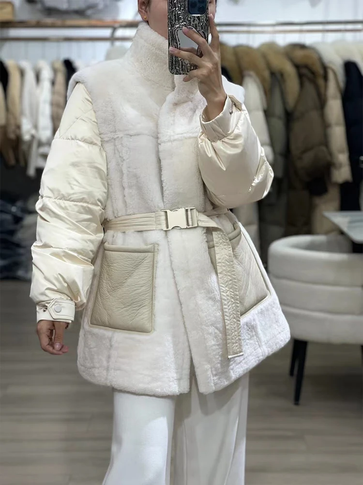 New Fashion Women Winter Warm Real Natural Merino Sheep Fur Coat Goose Down Jackets Thick Coat Female Outwea Puffer Jacketsr