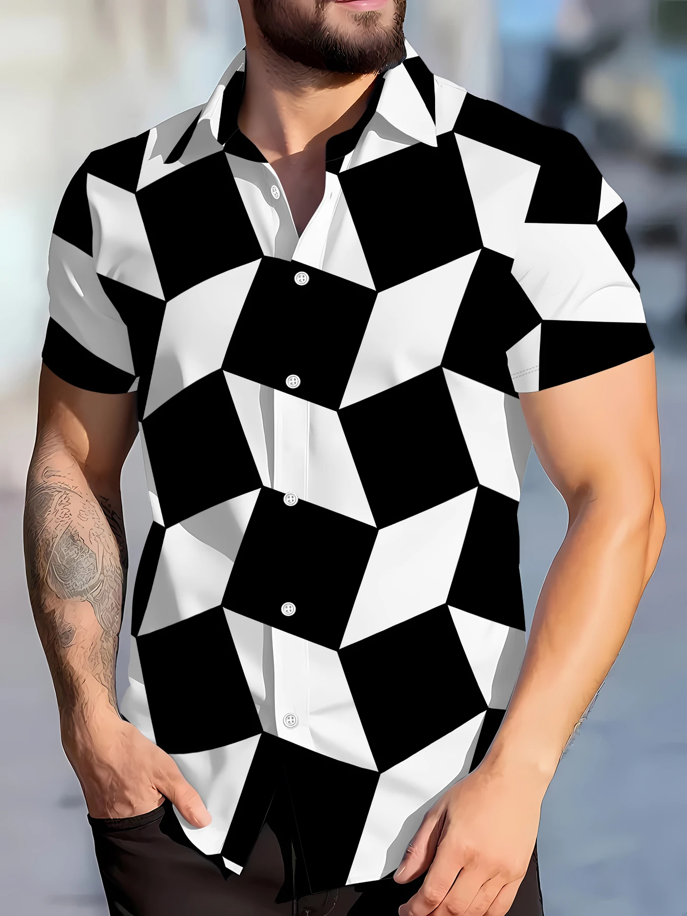 

2026 Summer New Style Men's Short-Sleeved Shirt with 3D Check Pattern Print Street Casual Fashion Comfortable and Soft