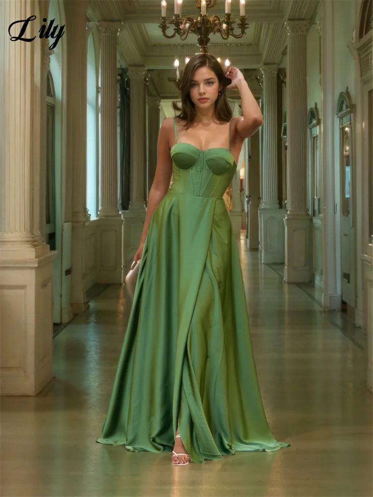 

Lily Green Elegant Simple Style Prom Gown for Woman Sweetheart Spaghetti Straps Party Dresses Satin Slit Formal Gown حزب فساتين