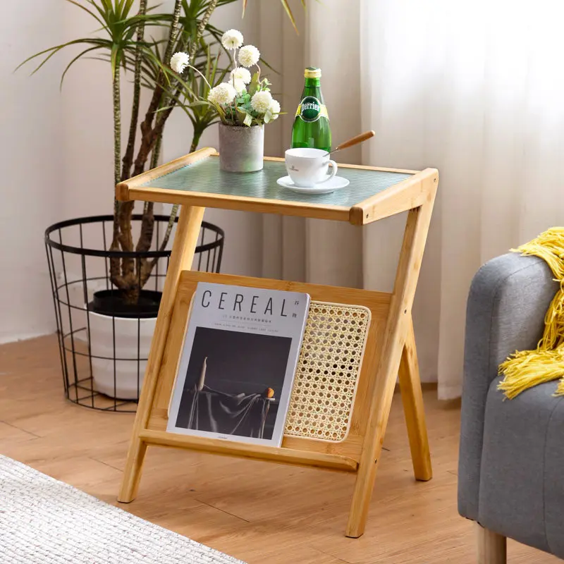 Japanese Style Sofa Side Cabinet with Glass Tea Table, Rattan Bedside Storage Shelf & Creative Balcony Square Table
