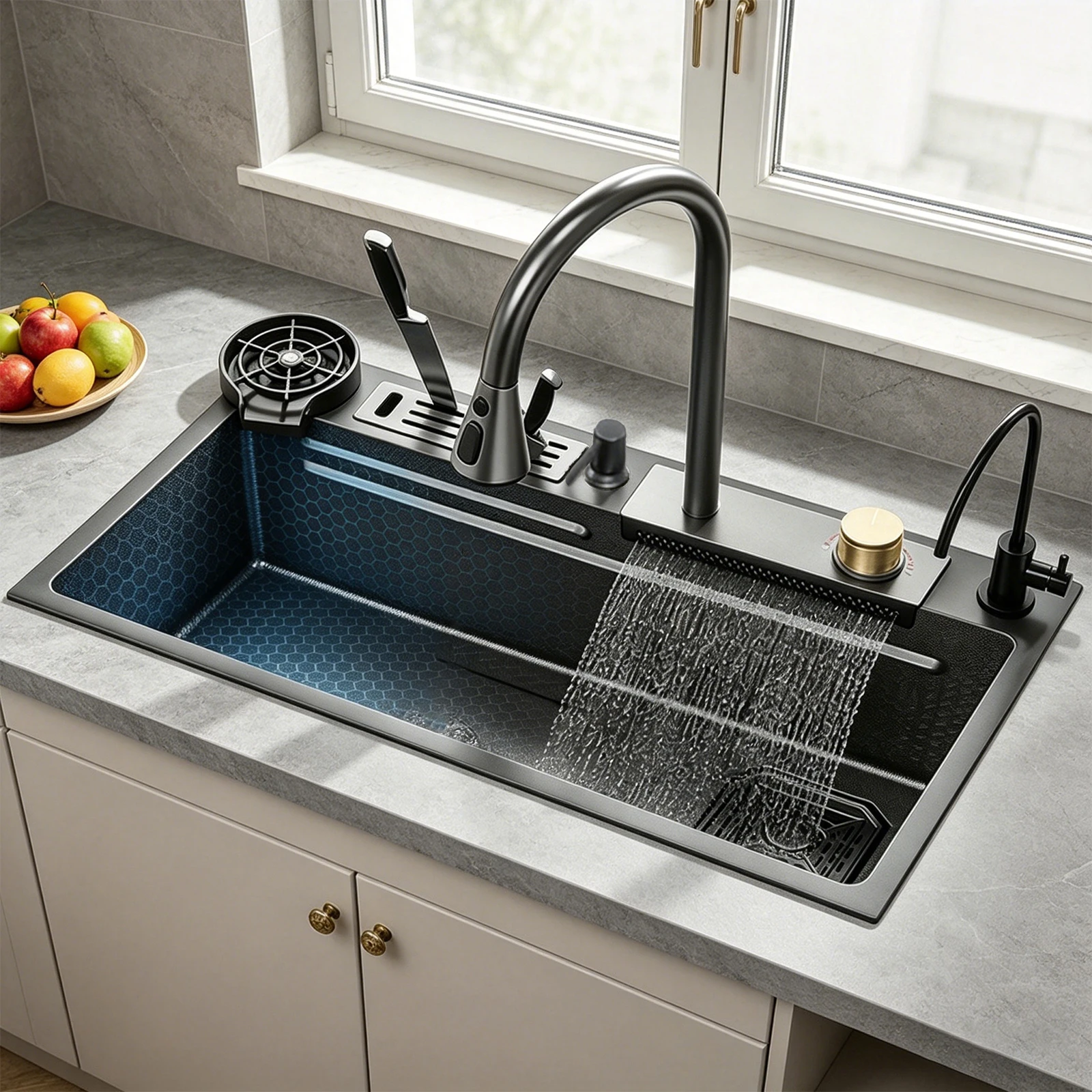 Multifunctional Stainless Steel Kitchen Sink Household Waterfall Large Single Slot Vegetable Washing Basin With Knife Holder