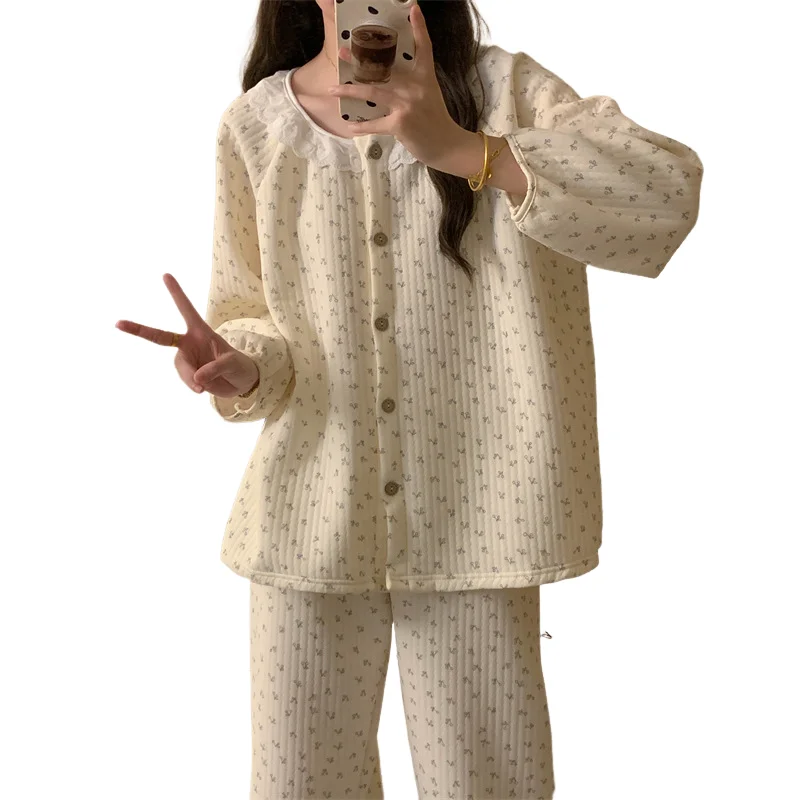 Damespyjama Bloemenvest Verdikt Meisje Homewear Herfst Winter Loungewear Abrikoos Luchtkatoen Ronde hals Nieuwe huiskleding