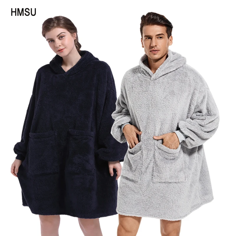 

HMSU Oversized Hoodie Blanket With Sleeves Sweatshirt Plaid Winter Fleece Hoody Women Pocket Female Hooded Sweat Oversize Femme