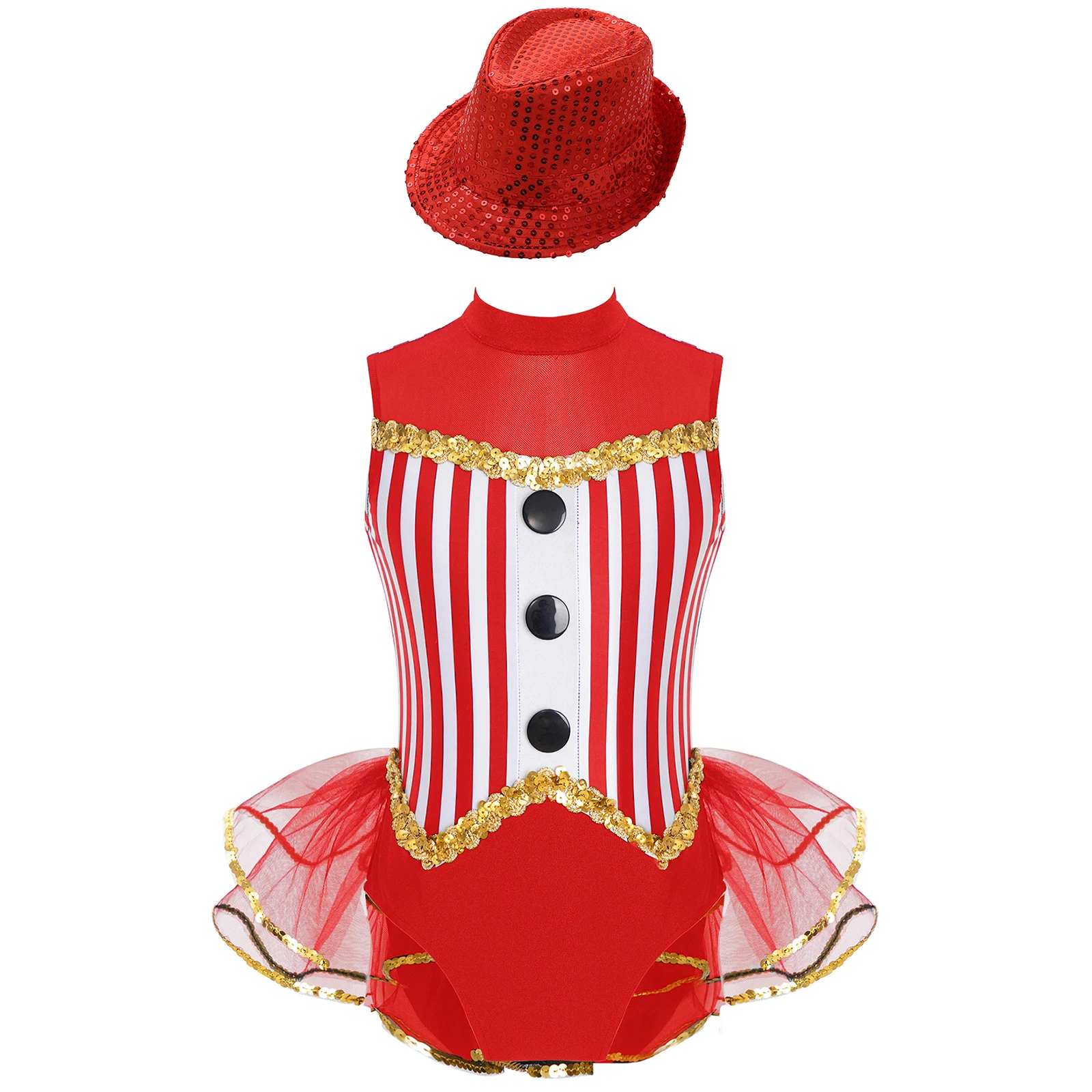 Kids Girls Jazz Dance Dance Unitards Sleeveless Sequined Trim Open Back Tulle Skirted Striped Leotard with Sequins Hat view 4