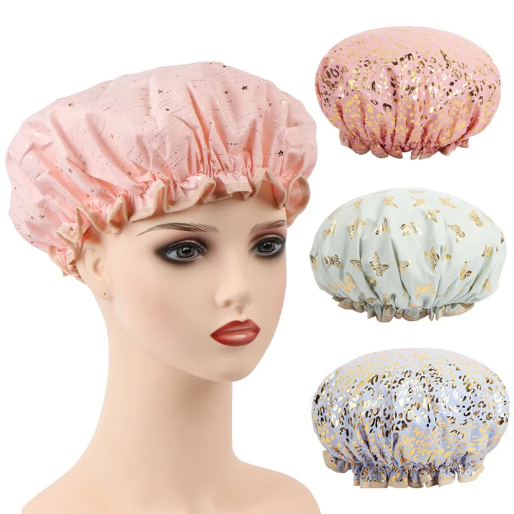 

Hot Sales Double Shower Cap Waterproof Hair Cap Hot Gold Printed Terylene Cotton Shower Cap Bathing Women