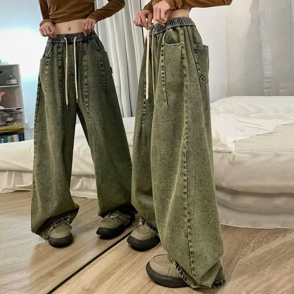 Long Wide Leg Trousers Vintage Wide Leg Denim Jeans with Elastic Waist Deep Crotch Pockets Women's Streetwear Fashion for Hip