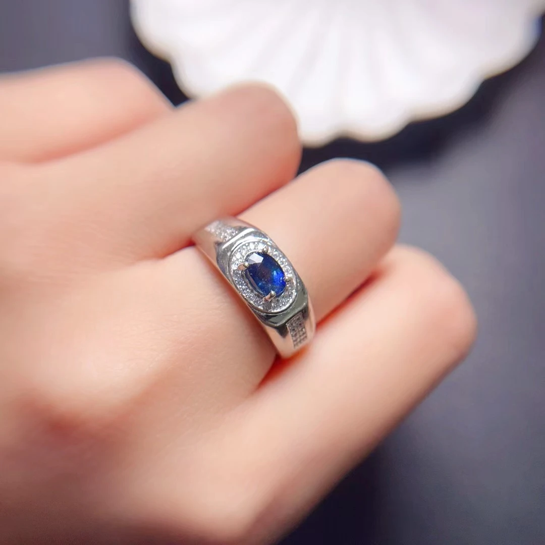 Classic Sapphire Men Ring 5mm*7mm 0.7ct Natural Sapphire Jewelry for Men 18K Gold Plated Band Ring - view 4
