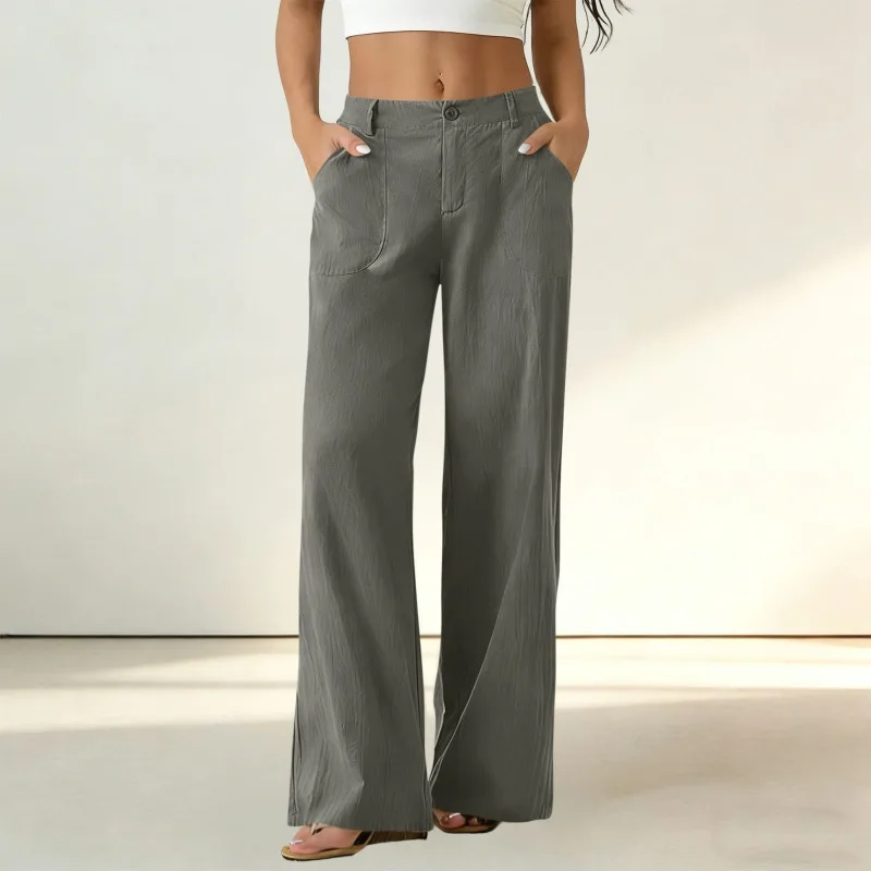 Women's formal suit pants with elastic waistband, side pockets, solid color, and one-button closure