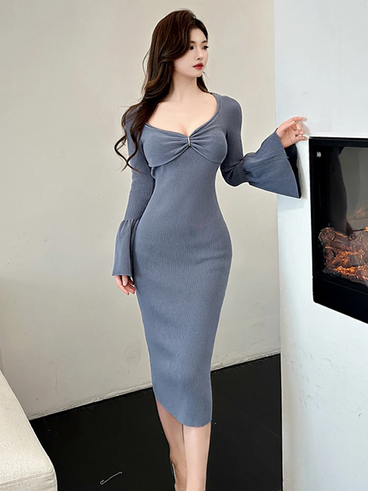 Lente Mode vrouwen Slanke Gebreide Jurken Vrouwelijke Sexy V-hals Flare Lange Mouw Kantoor OL Bodycon Jurken Lady Vestidos