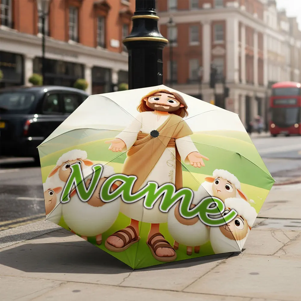 Custom Name Umbrella Cartoon Shepherd With Sheep Grassland Illustration Print Folding Umbrella Compact Portable Travel Parasol