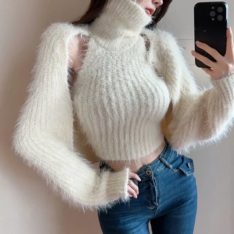 Korean style Long-sleeved Cardigans Vest  Femme Autumn New Womens Loose Casual Capes Sweater Solid Knitwears Tops Two-Piece Set