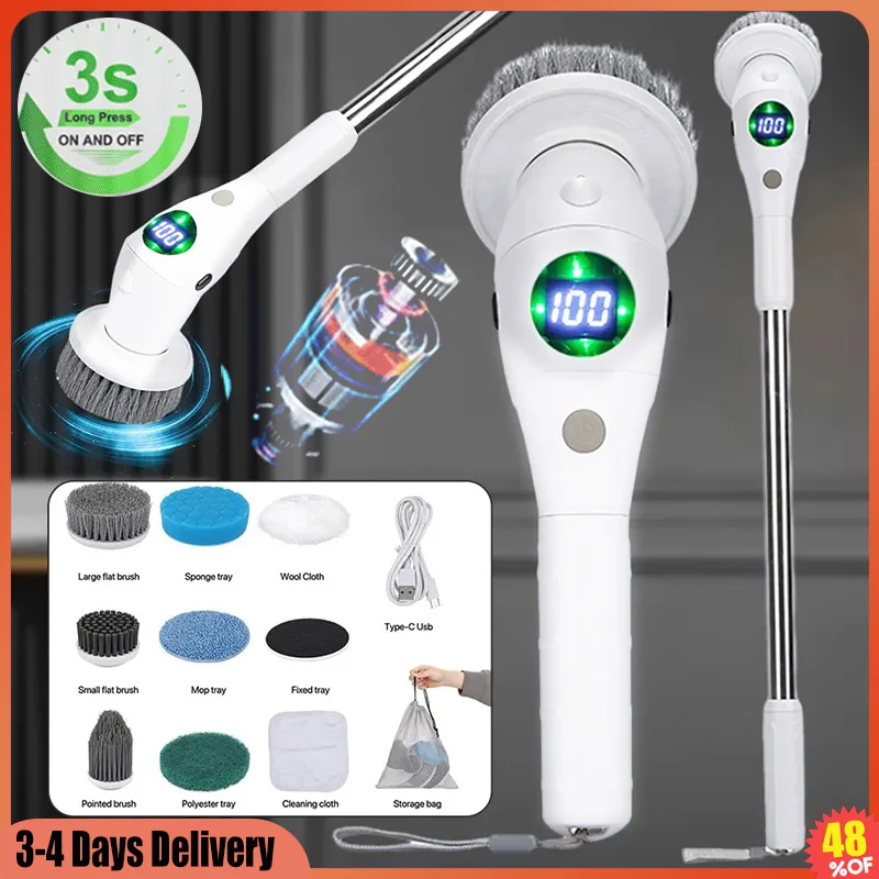 Portable 8 In 1 Wireless Electric Cleaning Brush LED Display 3-Speed Motor  Bathroom Kitchen Window Extendable Cleaning Tool