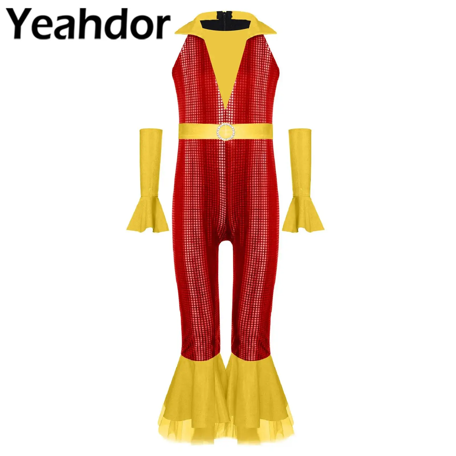 

Kids Girls Sequins Hippie Costume New Tank Unitard Bell-bottom Long Pants Bodysuit Jumpsuit for Disco Dancewear 70s 80s Cosplay