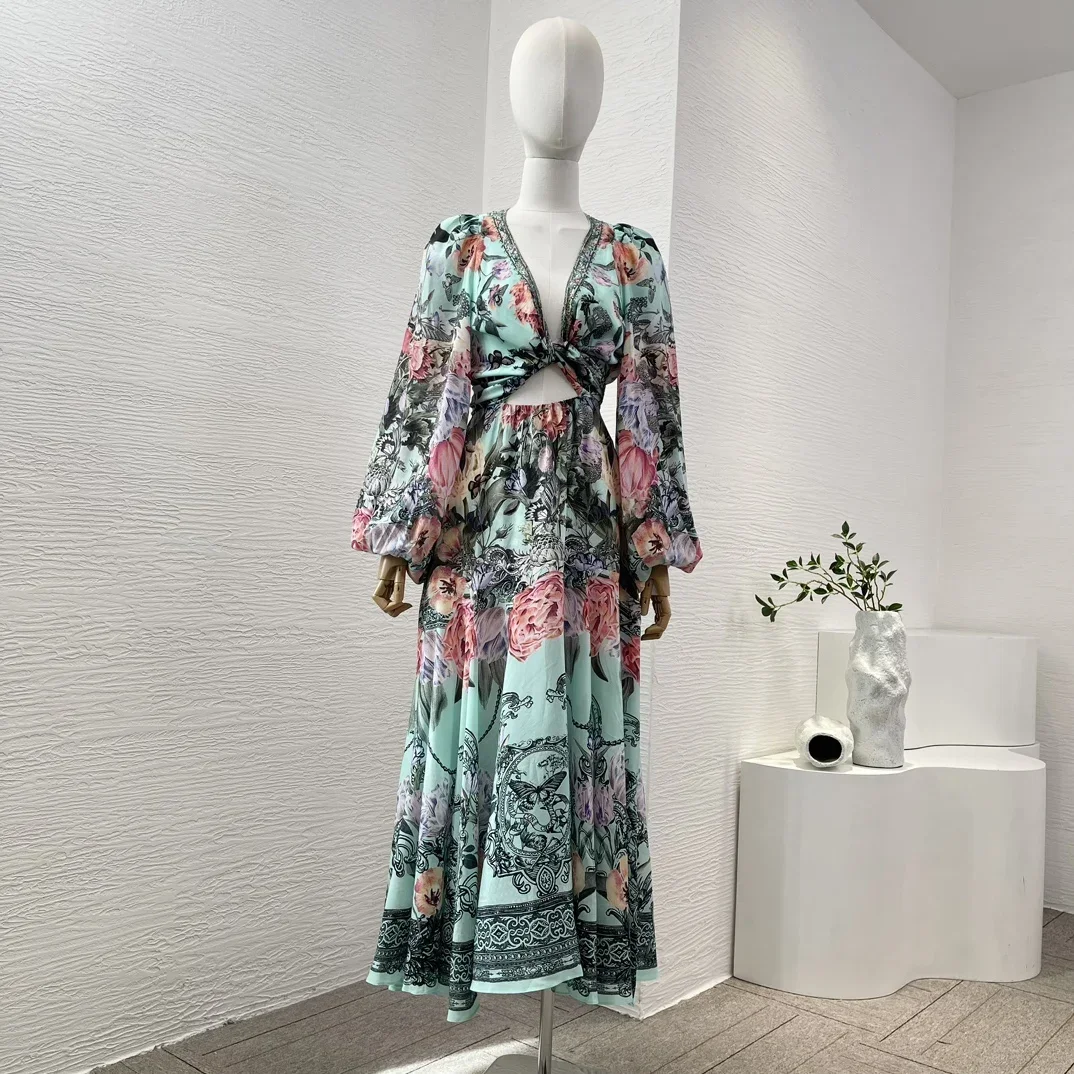 Women's Floral Print Long Sleeve Midi Dress Deep V Neck Diamonds Wrap Tie Cut Out Belly Elegant Fashion Summer Hoilday