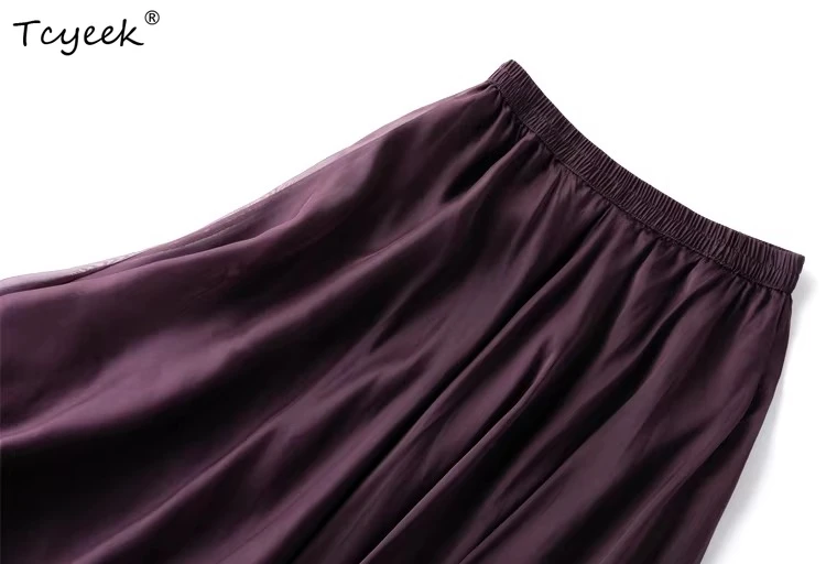 Tcyeek 100% Natural Mulberry Silk Vintage Skirt Woman Clothes Summer Skirt Elegant Skirts for Women Solid Color Юбка Женская