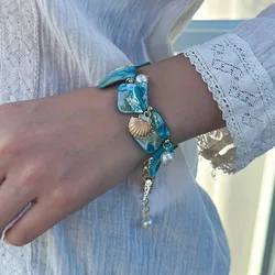 Boho Shell Sea Star Imitation Pearl Pendant Bracelet 2024 Women's Simple Creative Blue Handmade Weaving Girls Beach Jewelry