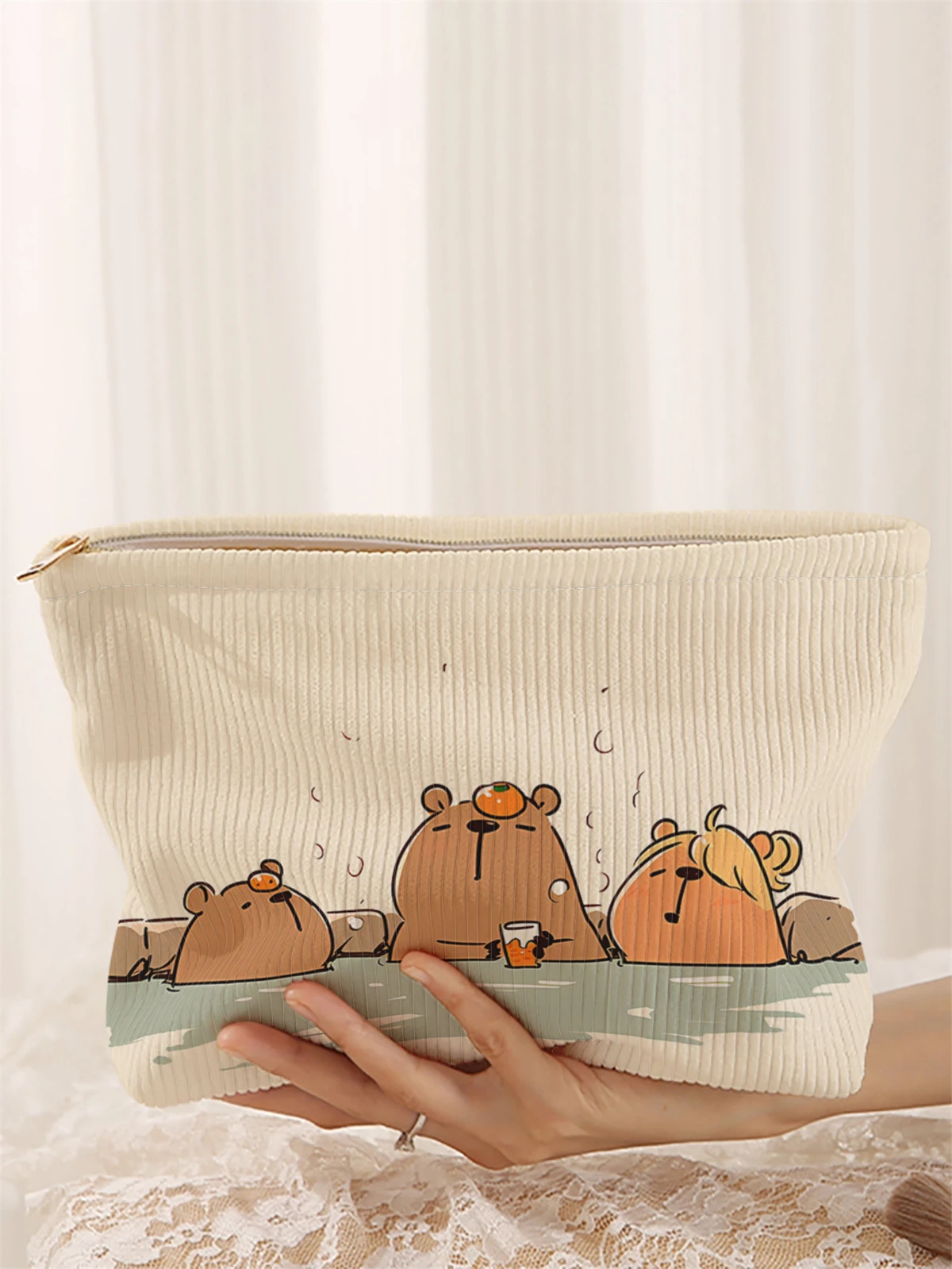 

1 capybara patterned corduroy makeup bag, lightweight zipper makeup storage box, multifunctional bag with lining