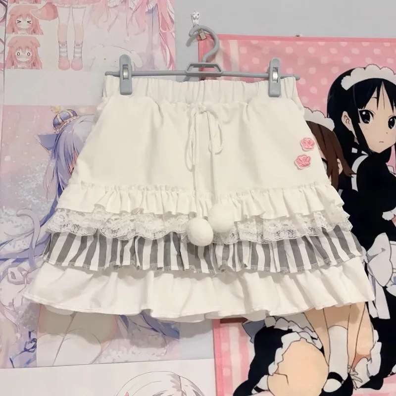 HOUZHOU-Falda corta Kawaii para mujer, minifalda blanca de retazos de encaje con volantes y cintura elástica, estilo japonés Y2K Harajuku, Lolita