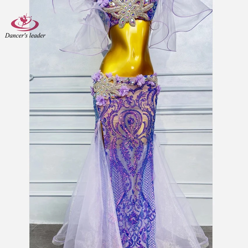 Belly Dance Professional dress High-end Purple Flower Tulle with Diamond Female Adult Stage Professional Clothing