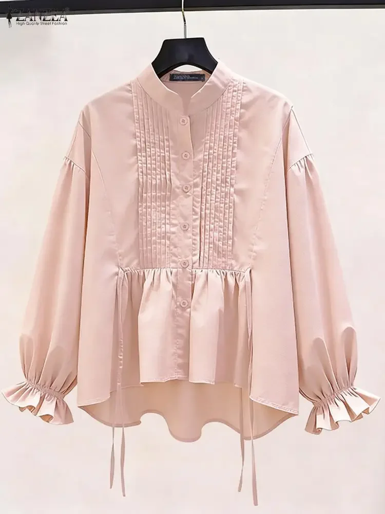 

2025 ZANZEA Elegant Women Fashion Shirts Long Sleeve Pleated Office Lady Blouse Autumn Casual Solid Stand Collar Tunic Tops