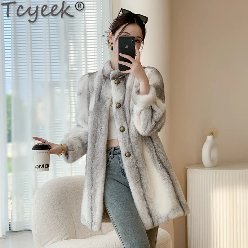 Tcyeek Natural Cross Mink Fur Coat Women Mid-length Real Fur Jacket Fashion Warm Winter Women's Fur Jackets 2023 Whole Mink