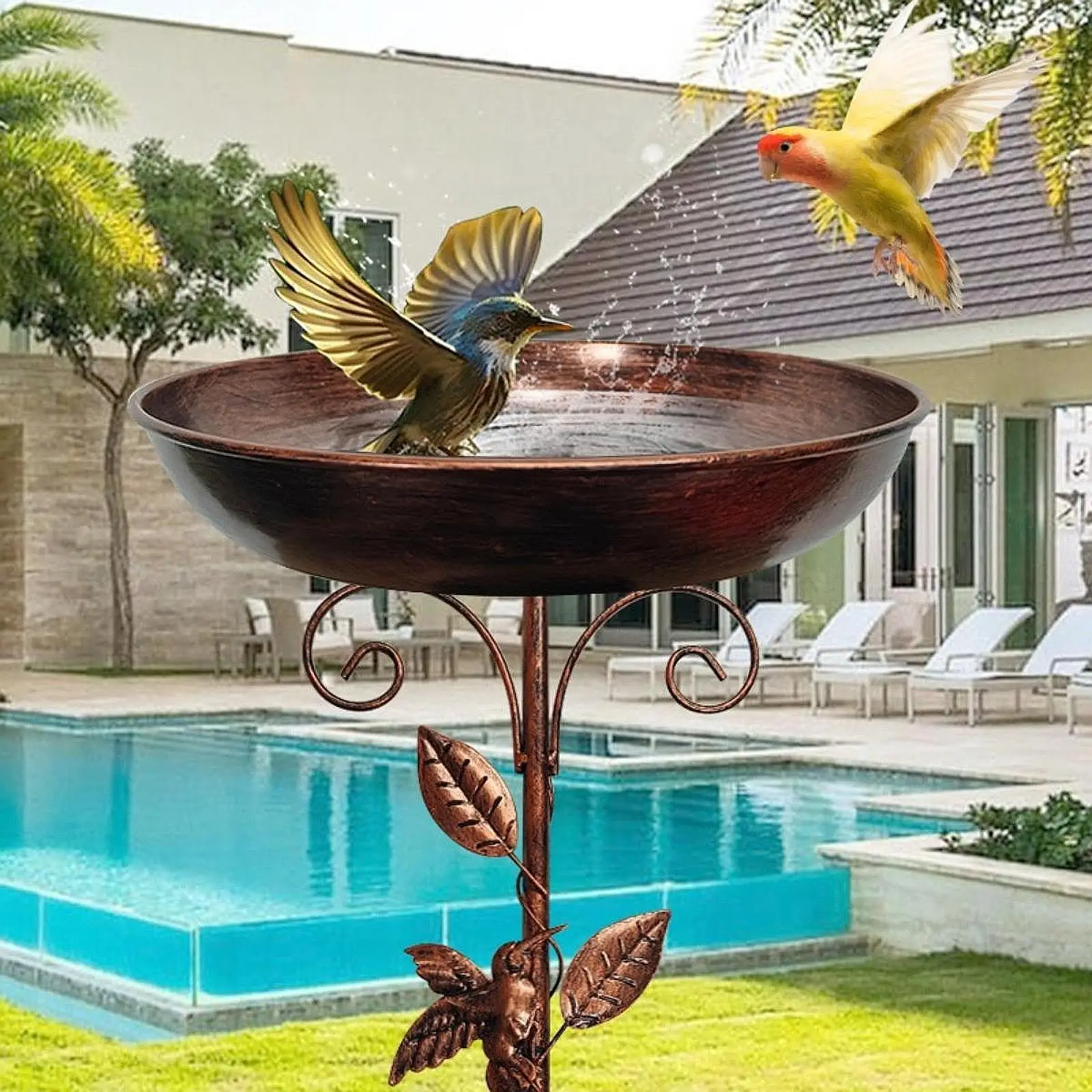 

Iron Bird Bath Bowl Easy to Assemble Multifunctional 5 Prongs Base Stake Garden Supplies Feeder Bowl for Backyard Patio Outside