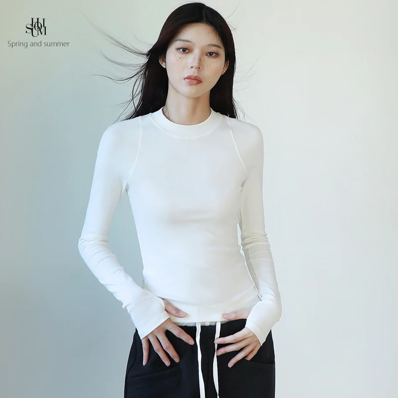 

uomi American Sle Long Sve Women's T-irt Semi-high Collar Elastic Slim Fit Casual Base irt Wool Top