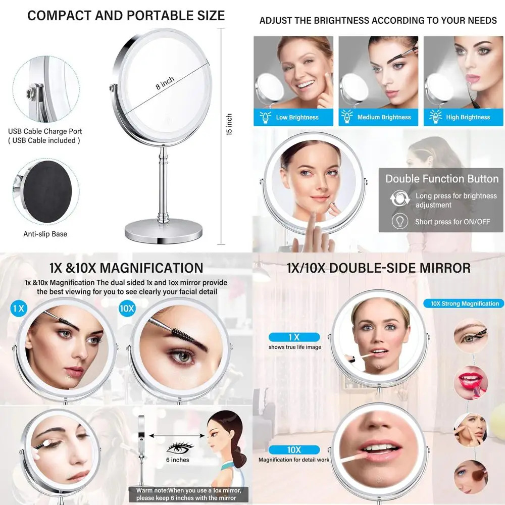 Miroir de maquillage Double face 10X LED avec luminosité réglable, miroir de courtoisie sans fil rechargeable
