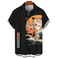Mode vêtements pour hommes Cool samouraï chat hauts été nouveaux vêtements pour hommes décontracté à manches courtes Anime Blouse ample chemises hawaïennes 6