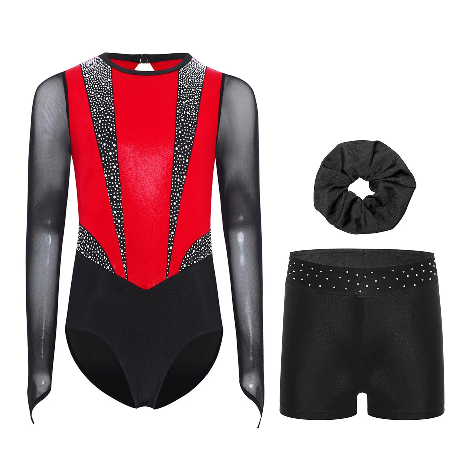 

3Pcs Kids Girls Gymnastics Dance Figure Skating Leotard Long Sleeves Keyhole Back Rhinestones Metallic Bodysuit+Shorts+Headwear