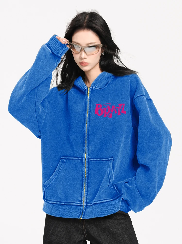 Pink Bratz Art Letter Print Women Washed Zipper Hoodie Fashion Loose Hoody Soft Casual Sweatshirt Autumn Cotton Female Clothing