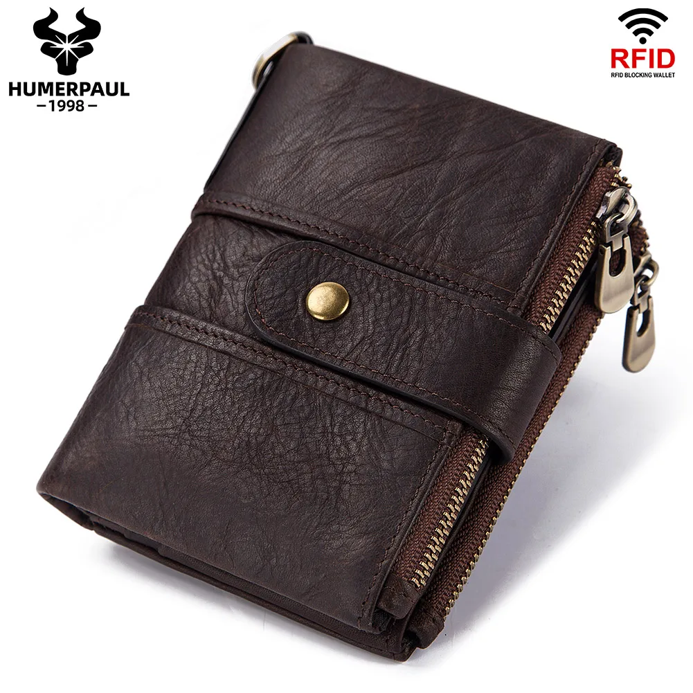 HUMERPAUL Short Wallet Men Genuine Leather Zipper Coin Pocket High Quality Male RFID Card Holder Purse Vintage Credential Walet