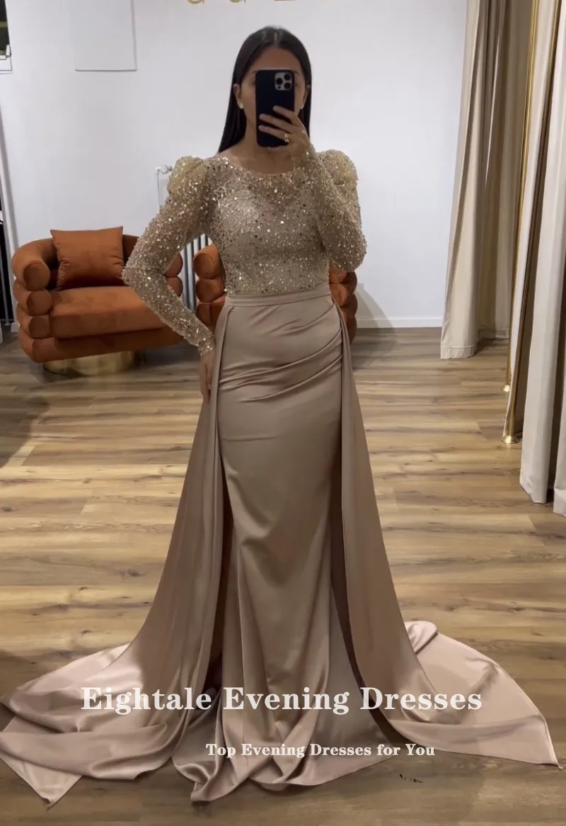 Eightale Sparkly Evening Dresses with Detachable Skirt Champagne Long Sleeves Customized Satin Mermaid Party Prom Gown