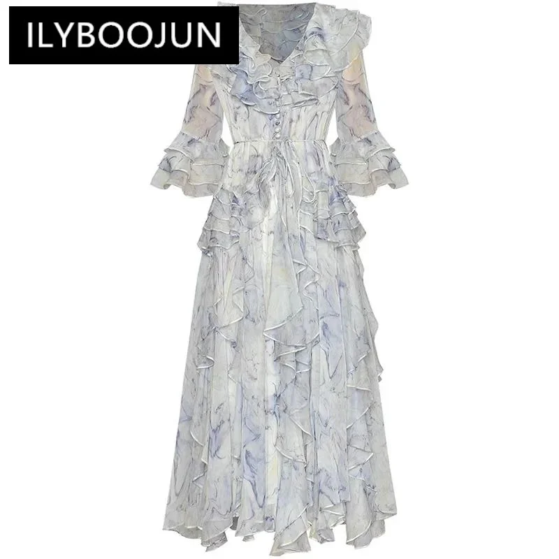 

ILYBOOJUN Fashion Designers Spring Summer Woman's dress V-Neck Half sleeve Cascading flounces Print Loose Lace up Dresses