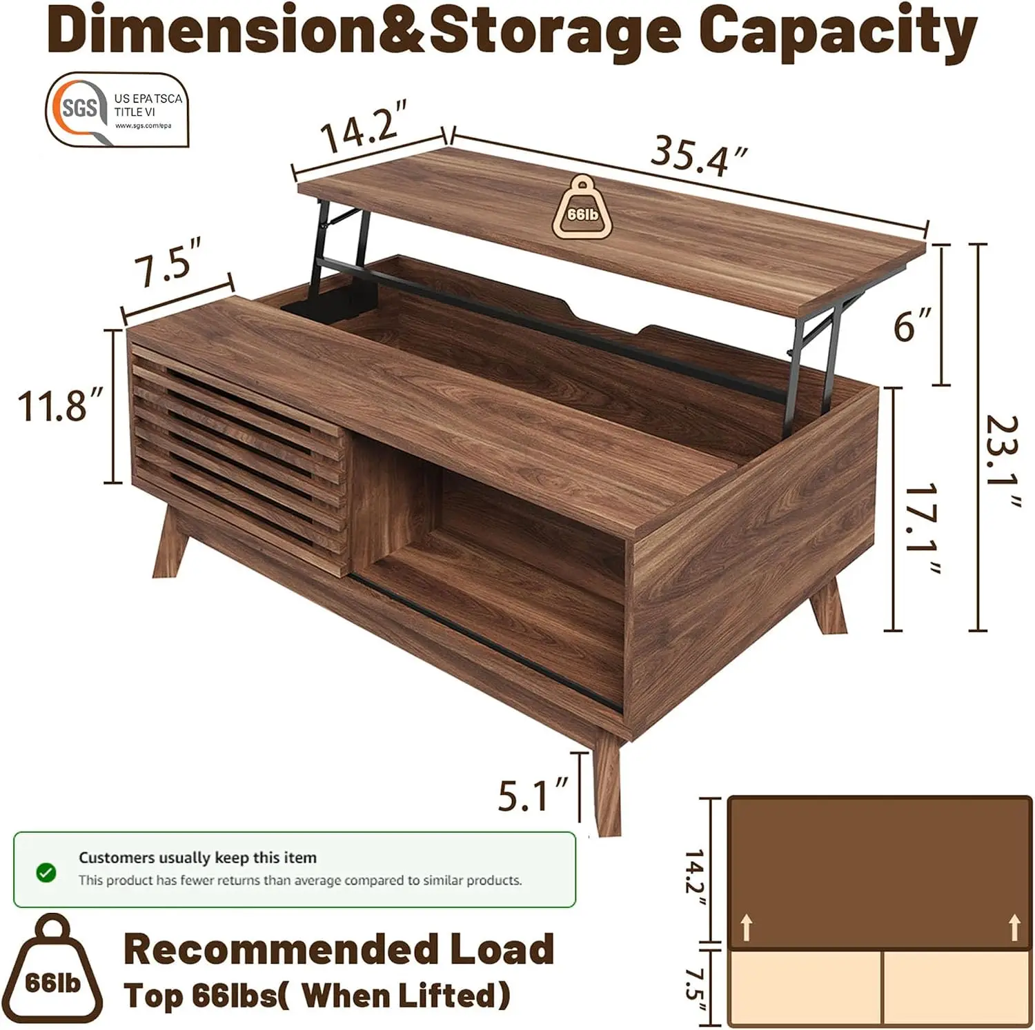 Lift Top Coffee Table with Storage Mid Century Modern Center Table Wooden Lifting Tabletop with Fluted Sliding Door and Hidden Compartment for Living Room Apartment Work Dining Walnut Brown