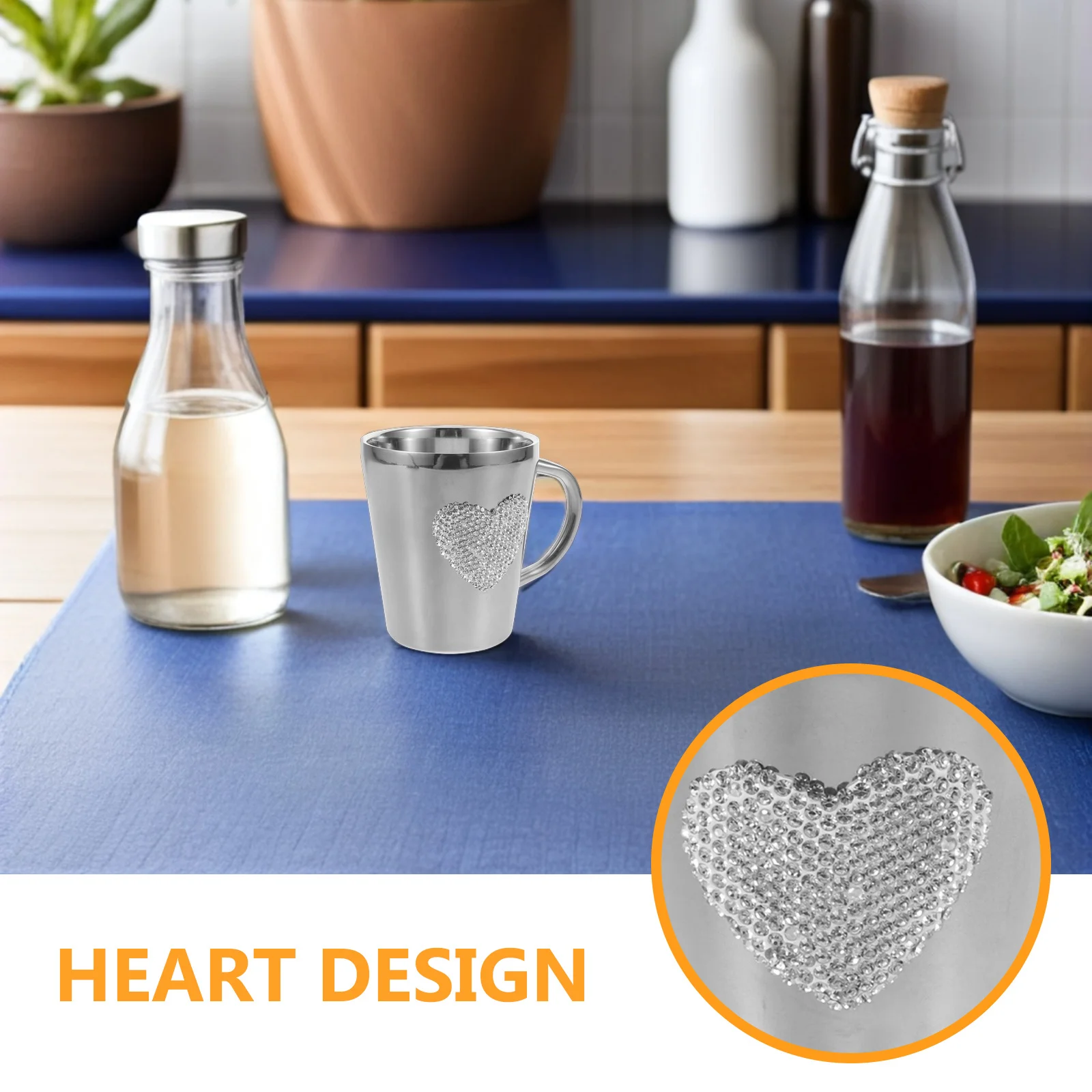 كوب قهوة من الفولاذ المقاوم للصدأ على شكل قلب من حجر الراين، كوب صغير للتخييم، كوب سفر قابل لإعادة الاستخدام، كوب شاي لاتيه معدني، قلب فضي لامع #3
